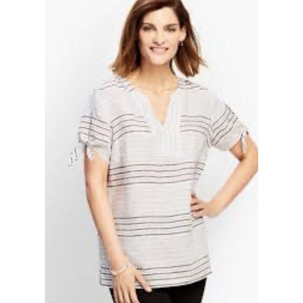 Talbots REEF STRIPE LINEN TIE-SLEEVE SHIRT Sz SP boho Lagenlook beach